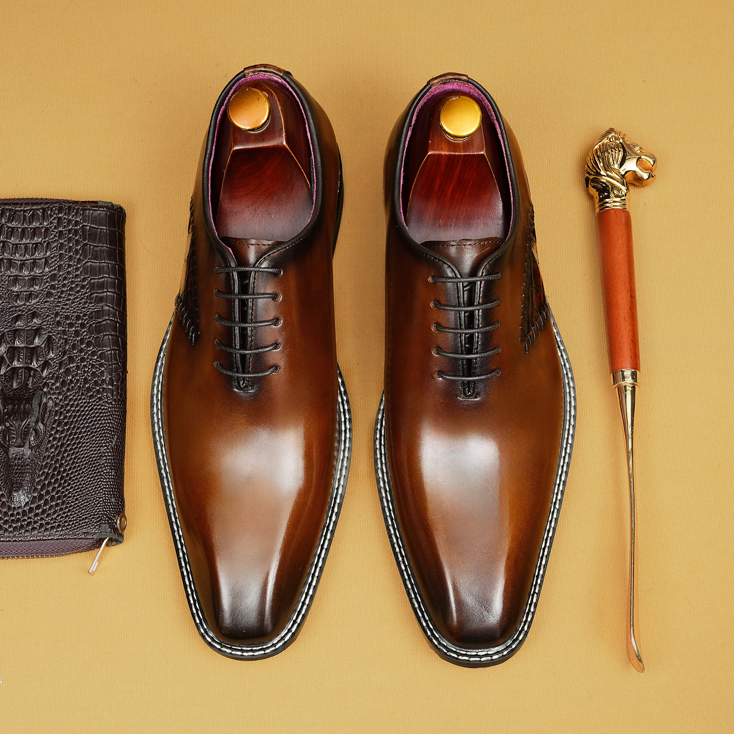Men's Hand‑Polished Brown Oxford Dress Shoes | Square Toe Lace‑Up Formal Genuine Leather Shoes