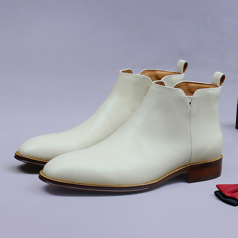 [Big Sale] Business Martin Boots Men's Denim Business High Top Zipper White Fashion Genuine Leather Trendy Chelsea Boots