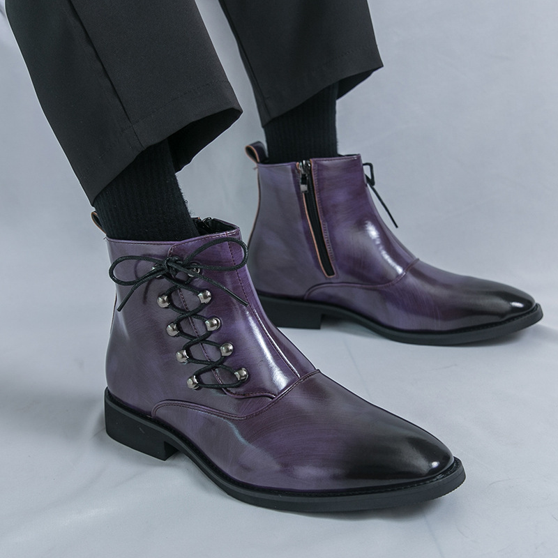 Stylish pointed-toe British-style casual side zipper lace-up men's boo