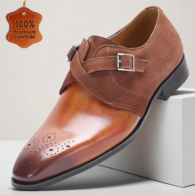 Men's Retro Genuine Leather Patchwork Double Buckle Monk Shoes