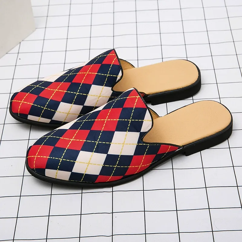 Large size men's colorblock plaid half slippers