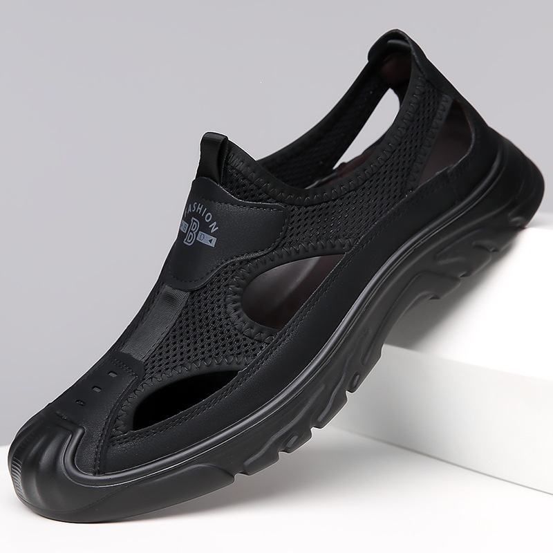 New men's casual leather sandals with mesh upper