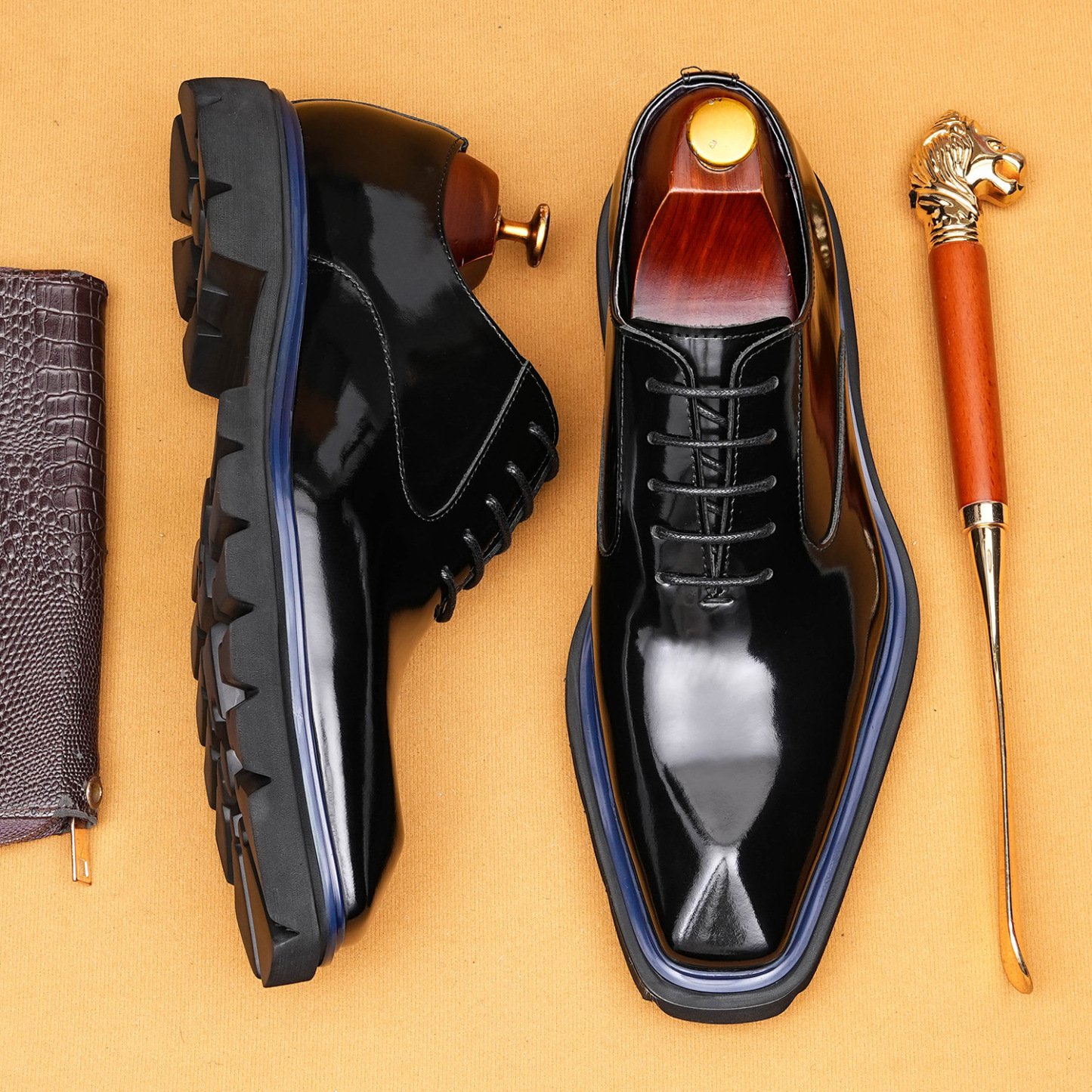 [Copy]2026 New Fashionable Pointed Toe Lace-up Men's High-End Leather Shoes with Red and Blue Trim and Thick Sole Design