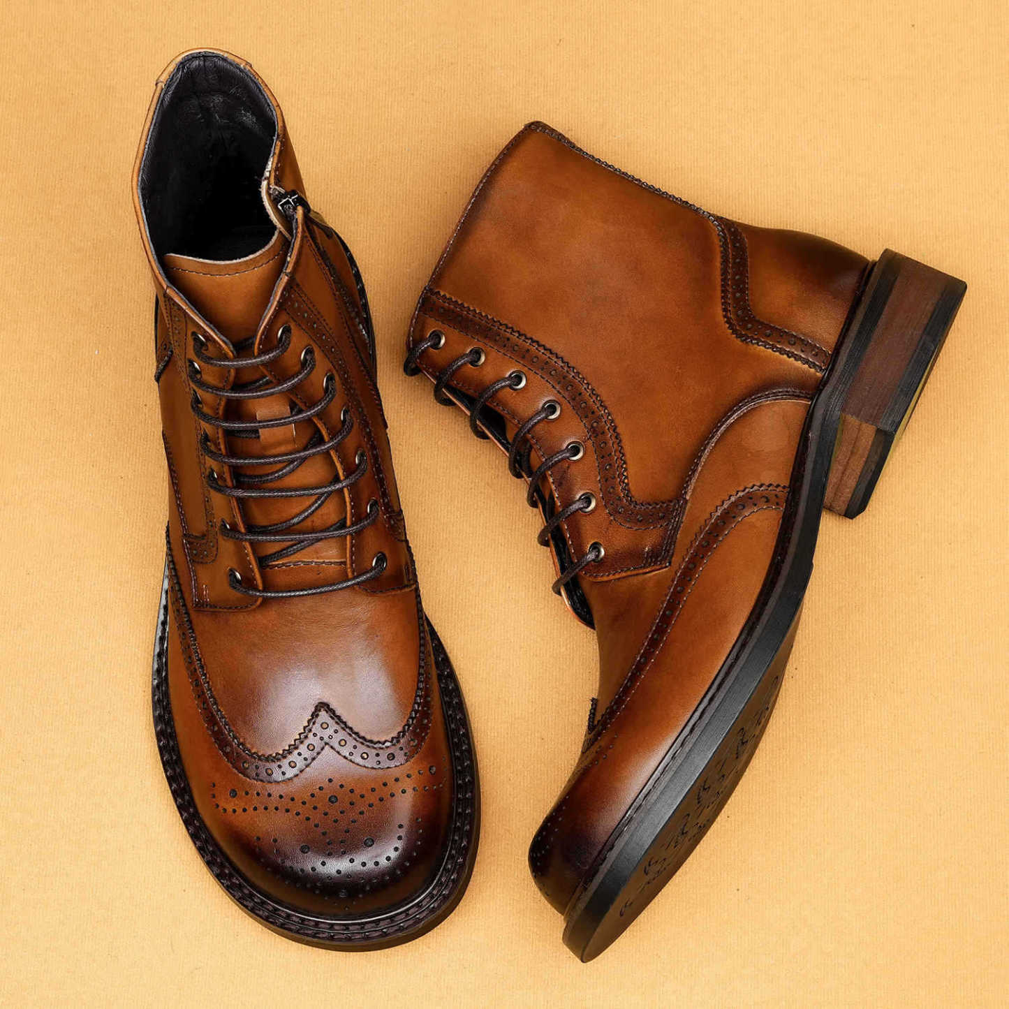Men's Brogue Leather Boots - Brown & Black
