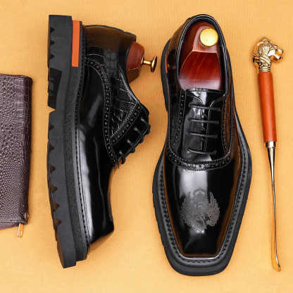 Men’s Croc‑Embossed Oxford Dress Shoes | Heraldic Emblem Square‑Toe Rugged Thick Sole Leather Shoes
