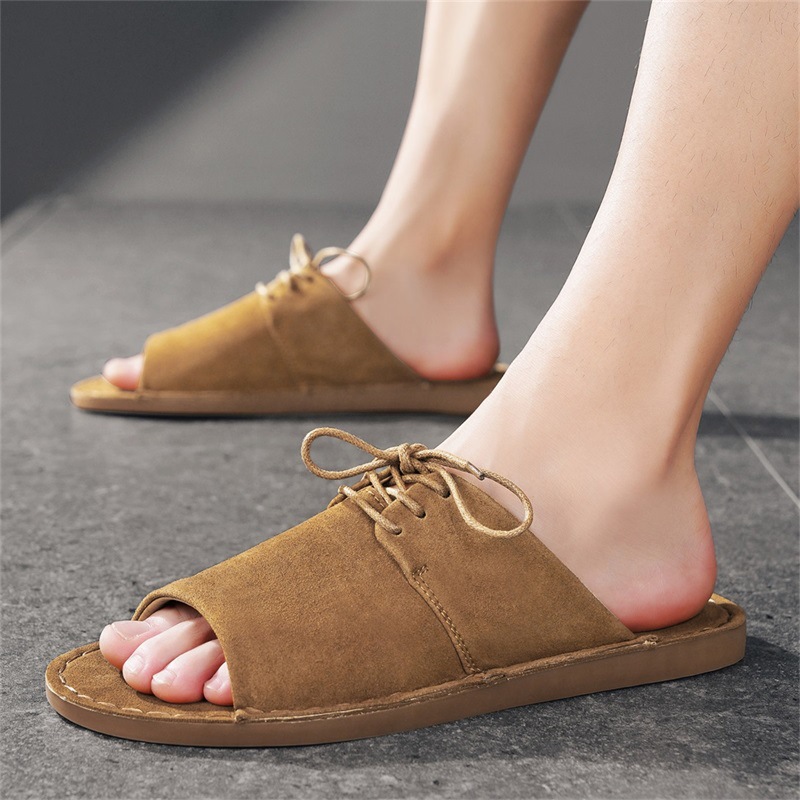 Men's hand-stitched flat open-toe slippers