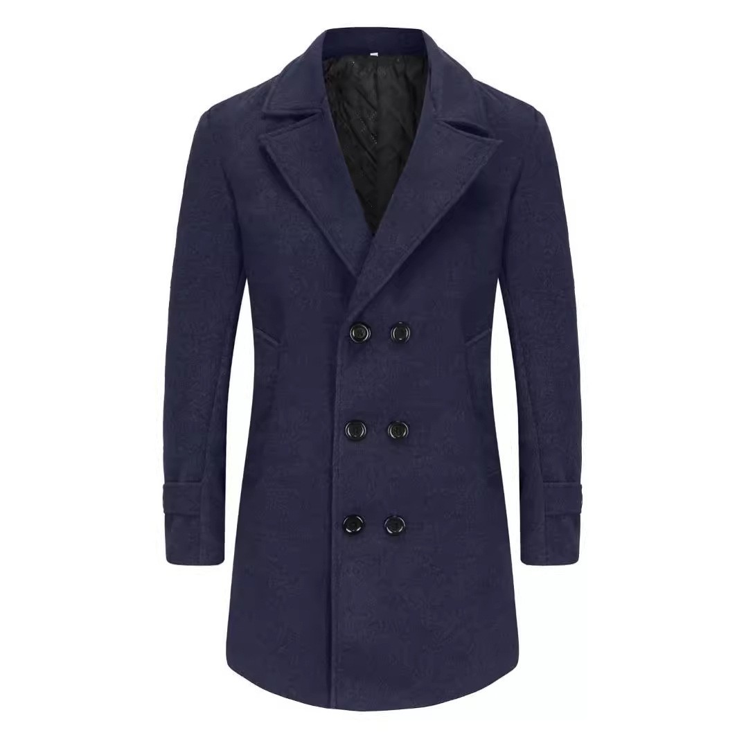 2024 autumn and winter men's woolen coat fashionable cotton thickened double-breasted suit collar lapel mid-length coat