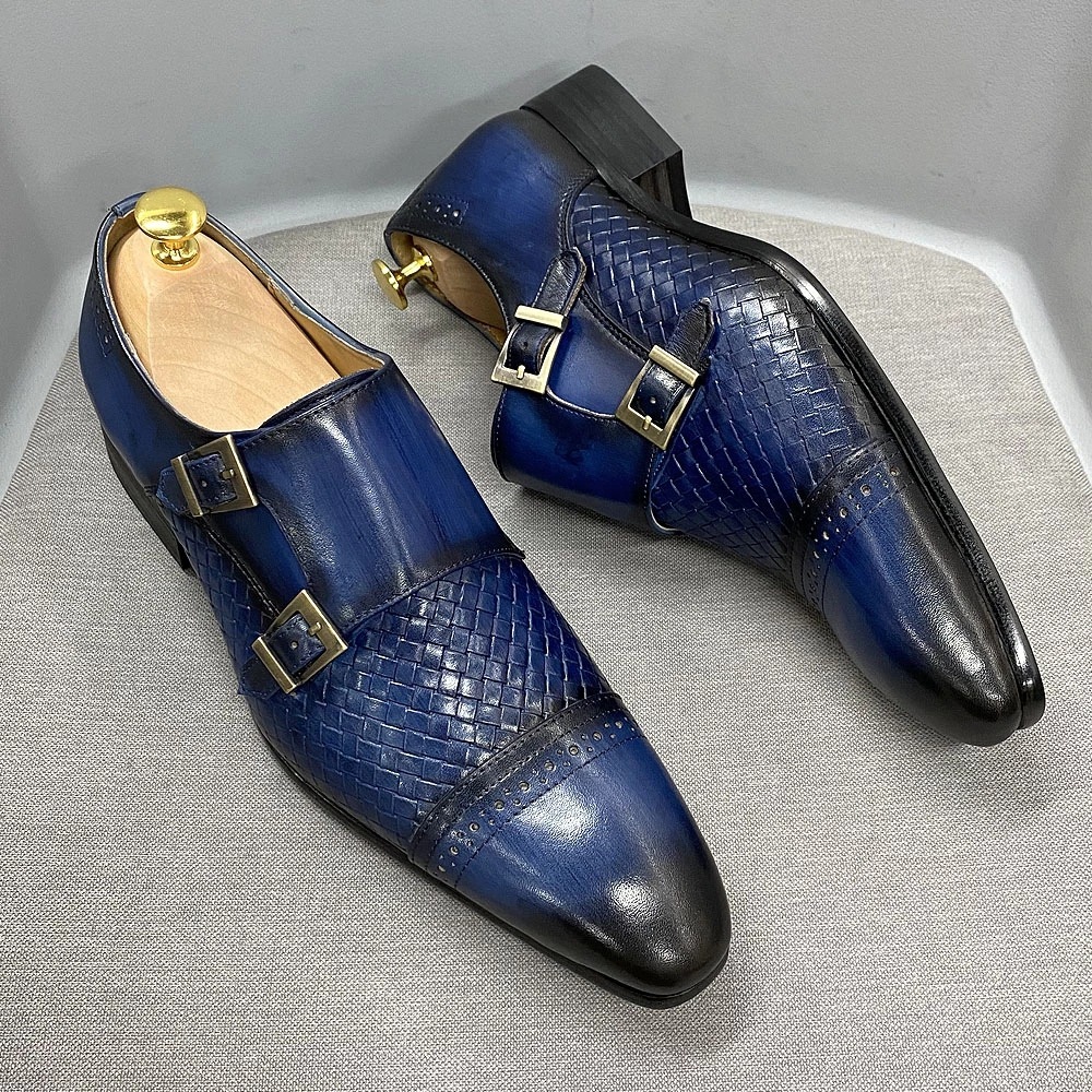 Luxury men's business casual shoes blue genuine leather double buckle monk shoes first layer cowhide pointed toe men's monk shoes