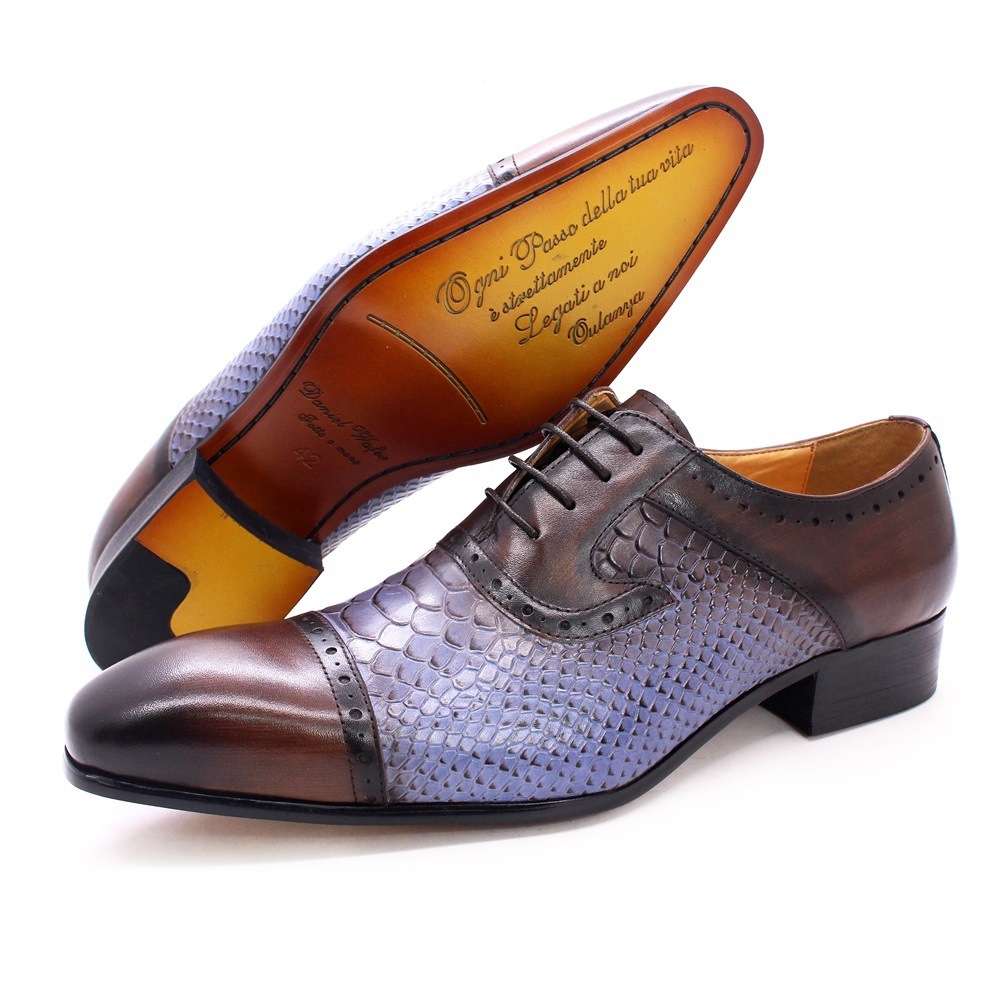 Men's leather shoes snake pattern genuine leather pointed toe men's color matching formal men's shoes business casual leather shoes men cross-border hot items