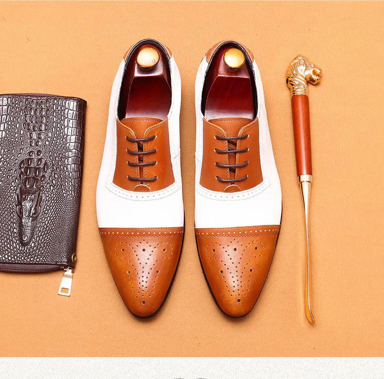 Men's classic white and brown business leather lace-up casual shoes