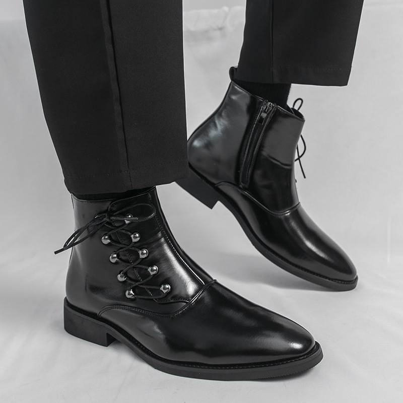 Stylish pointed-toe British-style casual side zipper lace-up men's boo