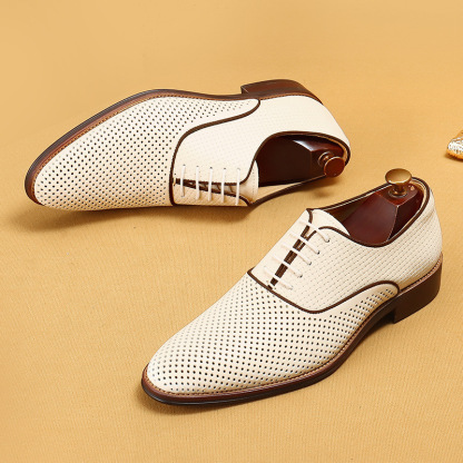 Men's Perforated Leather Dress Shoes - White, Brown, Black