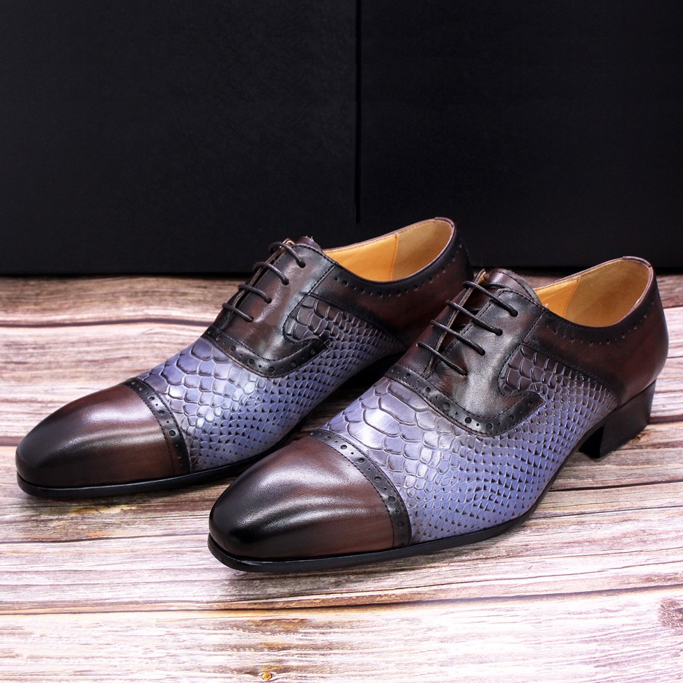 Men's leather shoes snake pattern genuine leather pointed toe men's color matching formal men's shoes business casual leather shoes men cross-border hot items