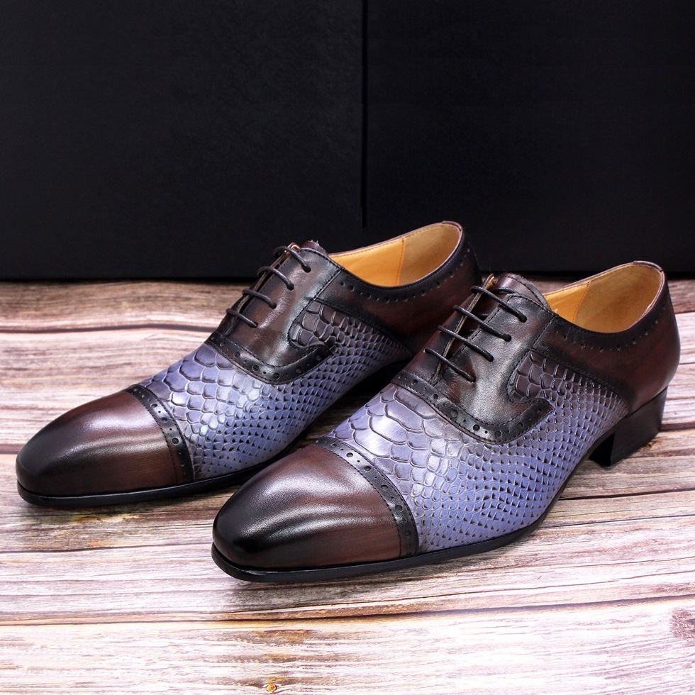 Men's leather shoes snake pattern genuine leather pointed toe men's color matching formal men's shoes business casual leather shoes men cross-border hot items