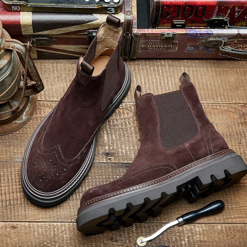 Men's Thick-soled Heightened Genuine Leather Suede British Retro Chelsea Boots