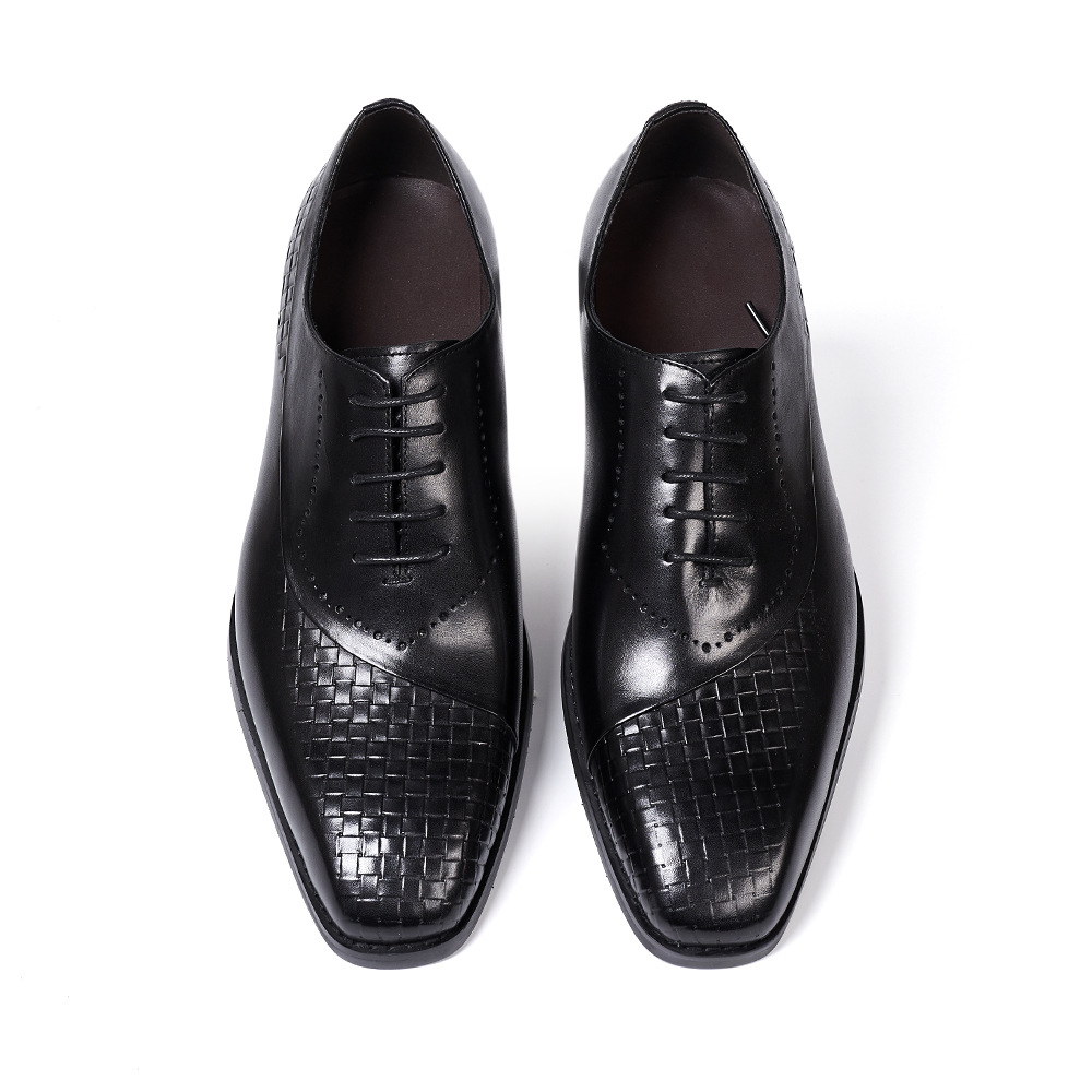European brand leather shoes men's new British lace-up woven pattern splicing Oxford shoes genuine leather business formal men's shoes