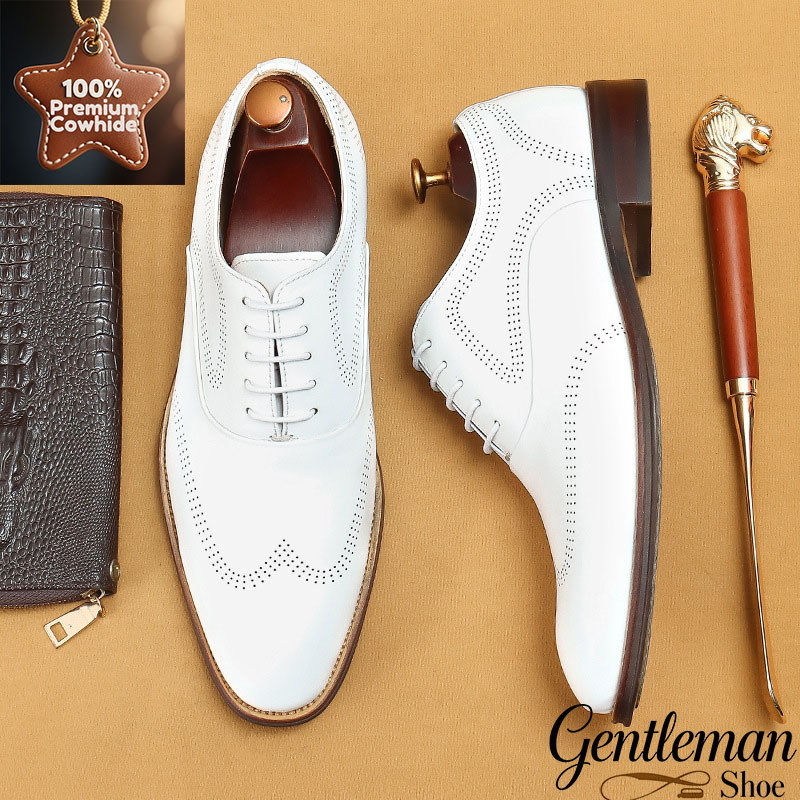 Men's White & Beige Wingtip Brogue Dress Shoes