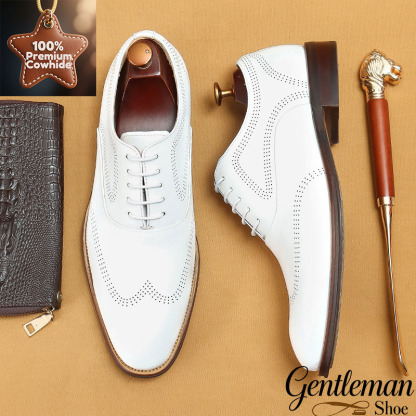 Men's White & Beige Wingtip Brogue Dress Shoes