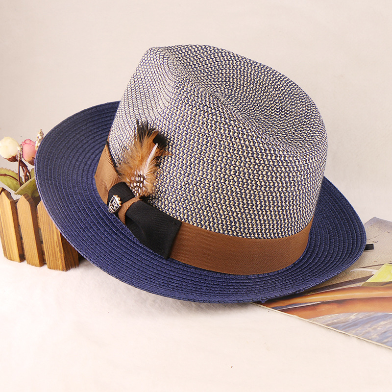 Men's Two-Tone Straw Fedora Hat with Feather Accent, Summer Panama Hat in Light Brown/Heather Gray with Navy Blue Brim