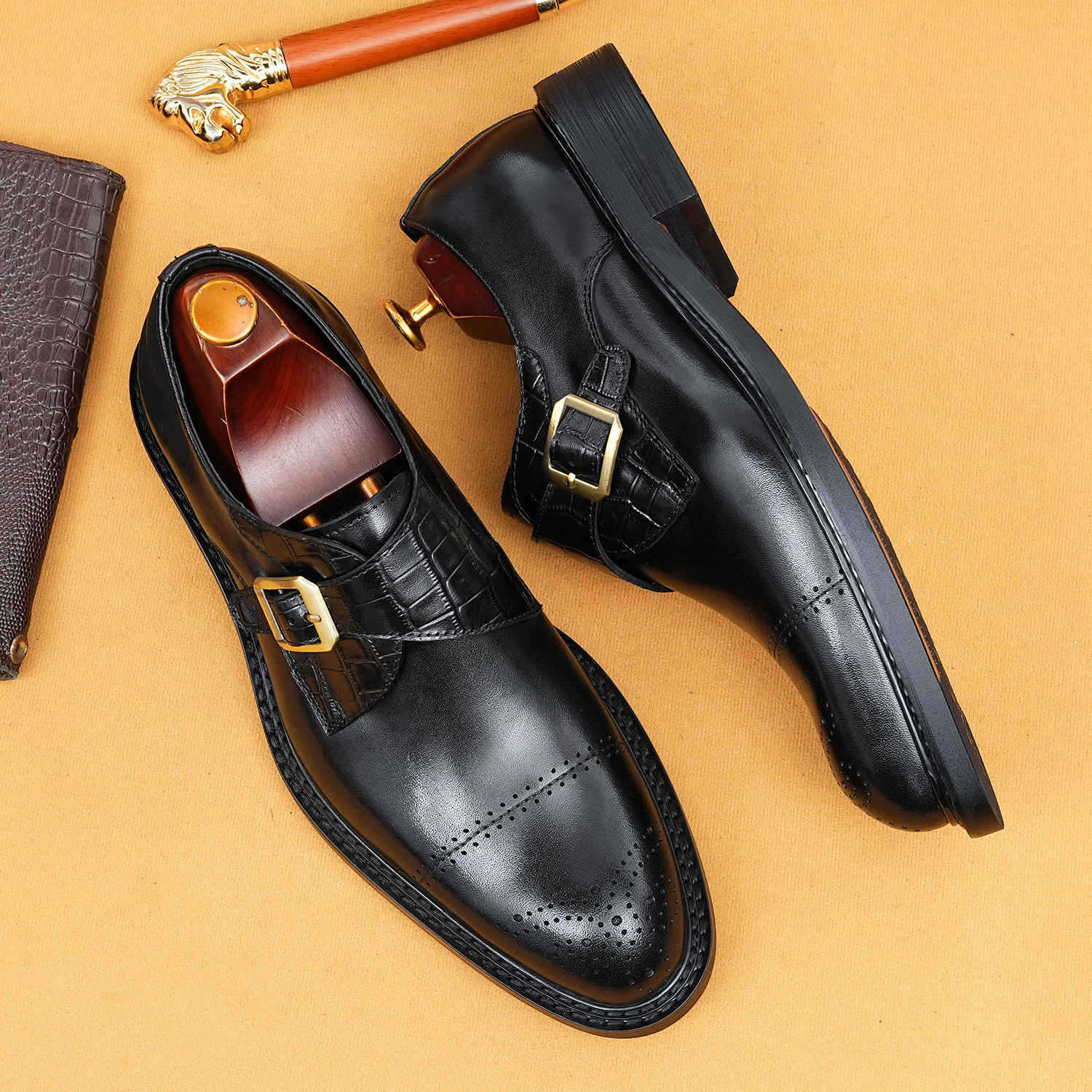 Business casual British style genuine leather monk shoes