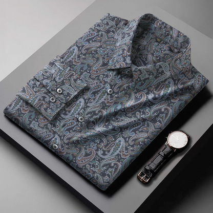 European and American cross-border large size men's long-sleeved printed shirt fat spring and autumn loose casual plus fat plus size shirt