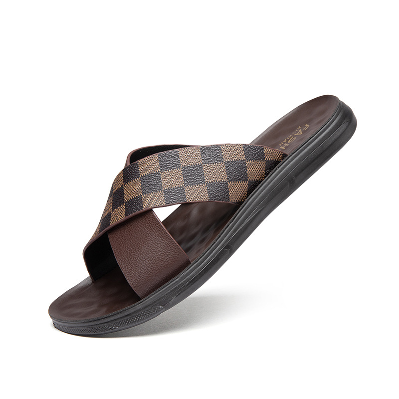 New Summer Soft Leather Cross Plaid Slippers Men'S Beach Shoes Sandals Outdoor Casual Old-Fashioned Sandals Vietnamese Men'S Shoes