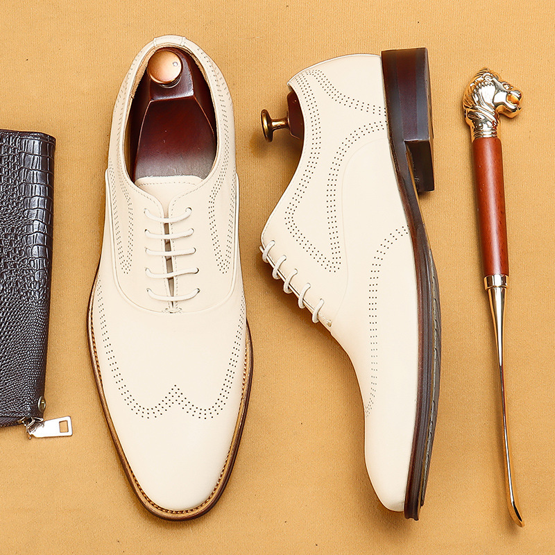 Men's White & Beige Wingtip Brogue Dress Shoes