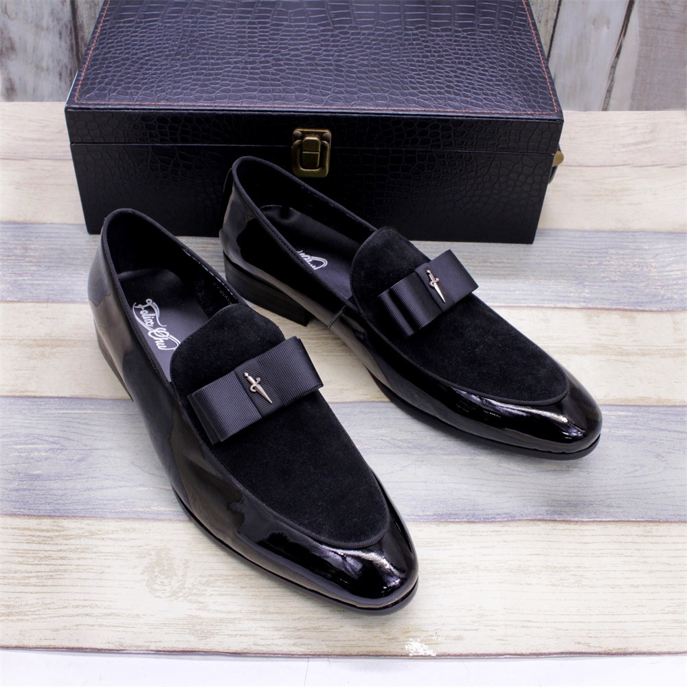 Handmade Genuine Patent Leather And Nubuck Leather Patchwork With Bow Tie Men Wedding Dress Shoes