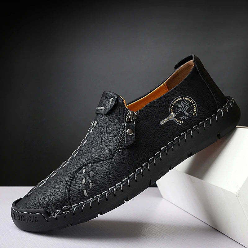 Men’s Casual Leather Slip-On Shoes with Side Zipper