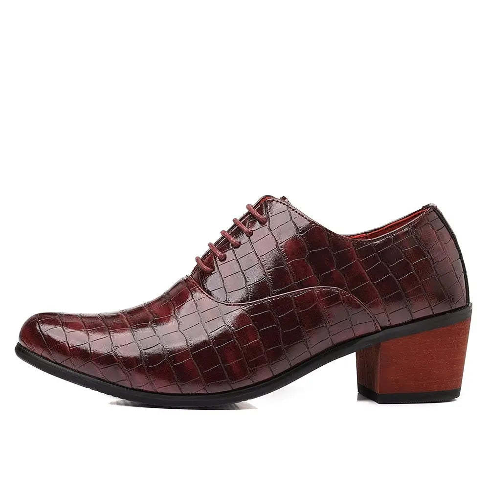Men’s Crocodile-Embossed Lace-Up Dress Shoes with 5CM Elevated Heel – Black, Brown & Red