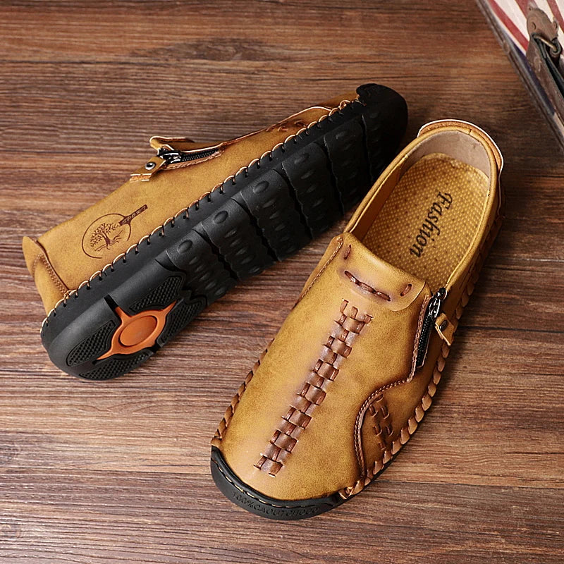 Men’s Casual Leather Slip-On Shoes with Side Zipper