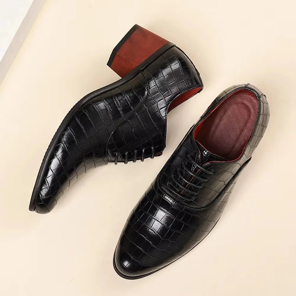 Men’s Crocodile-Embossed Lace-Up Dress Shoes with 5CM Elevated Heel – Black, Brown & Red