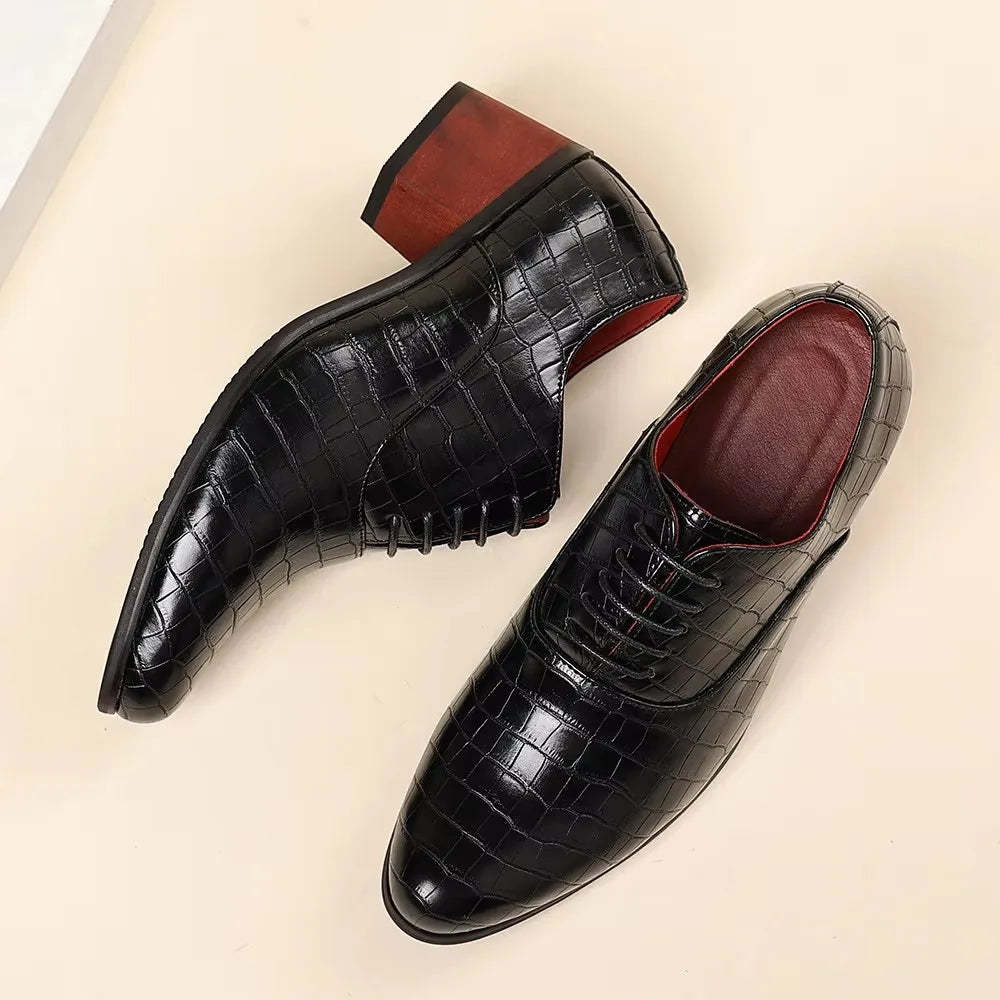 Men’s Crocodile-Embossed Lace-Up Dress Shoes with 5CM Elevated Heel – Black, Brown & Red