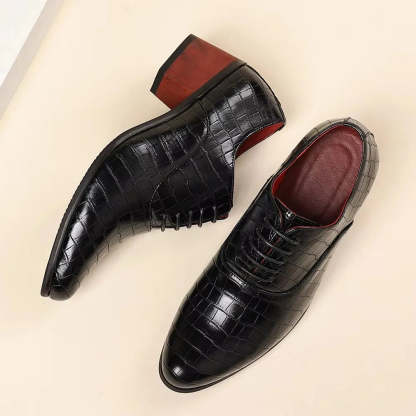 Men’s Crocodile-Embossed Lace-Up Dress Shoes with 5CM Elevated Heel – Black, Brown & Red