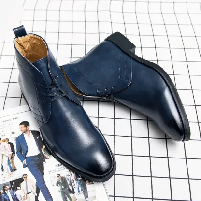 Business Men's Short Boots Blue Lace-Up Square Toe Ankle Boots Brown Black Handmade  Men's Boots Vintage