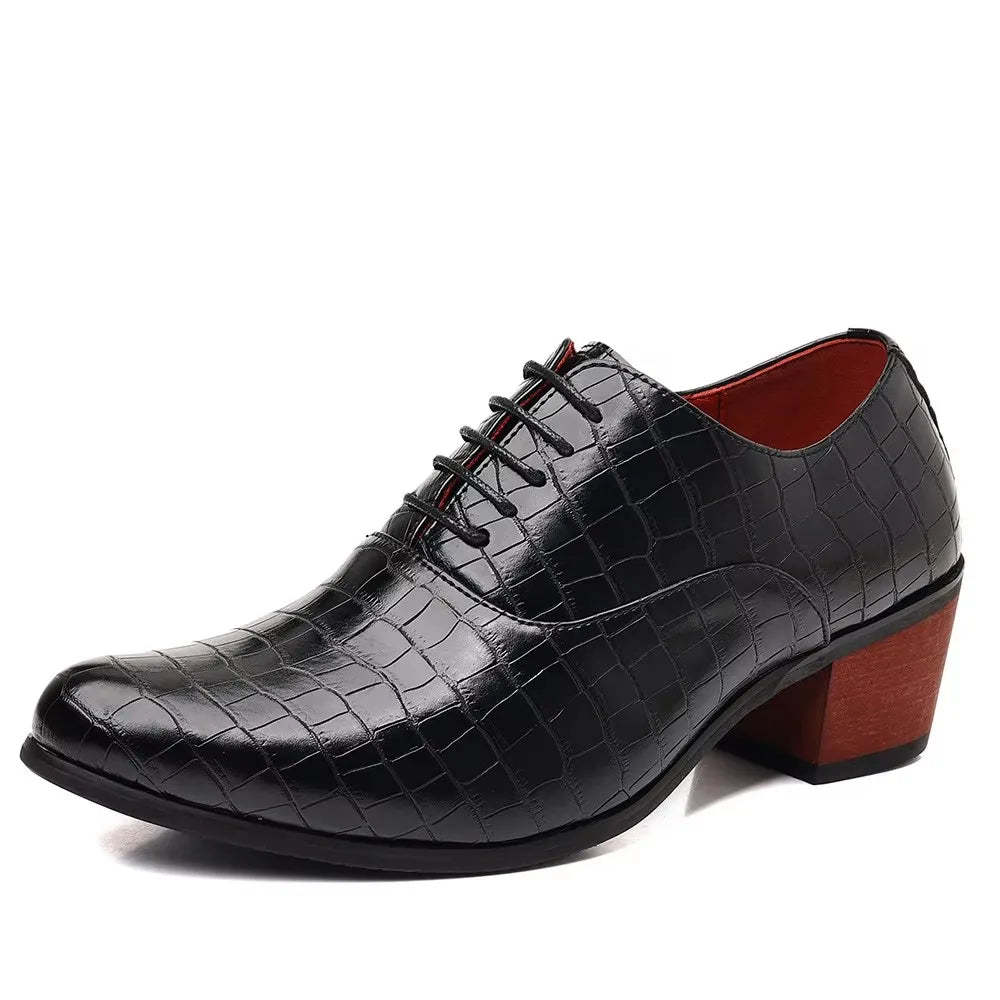 Men’s Crocodile-Embossed Lace-Up Dress Shoes with 5CM Elevated Heel – Black, Brown & Red