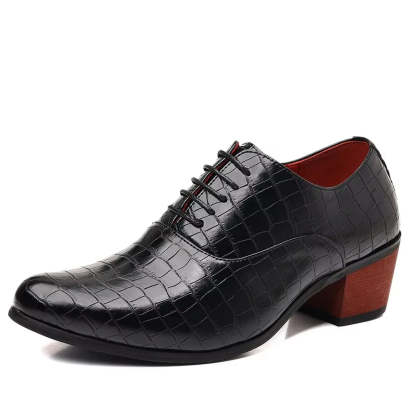 Men’s Crocodile-Embossed Lace-Up Dress Shoes with 5CM Elevated Heel – Black, Brown & Red