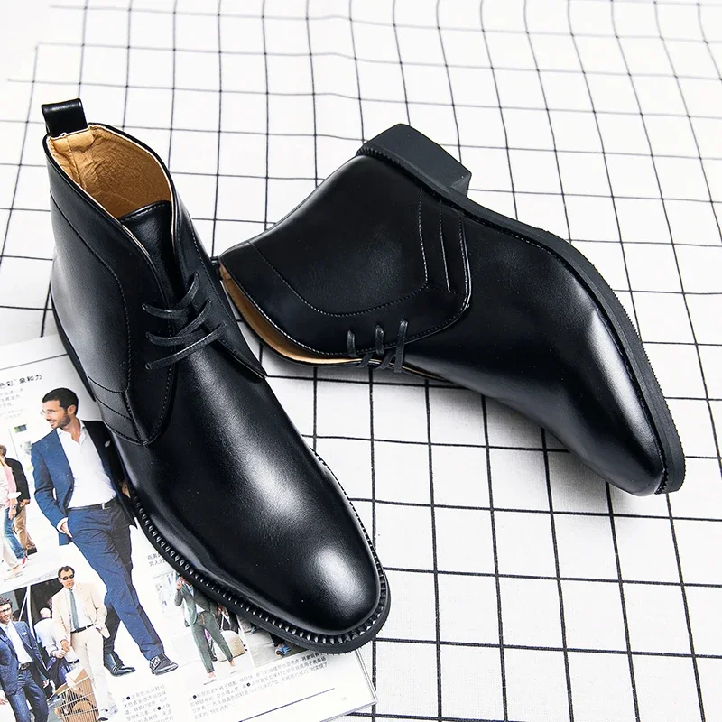 Business Men's Short Boots Blue Lace-Up Square Toe Ankle Boots Brown Black Handmade  Men's Boots Vintage