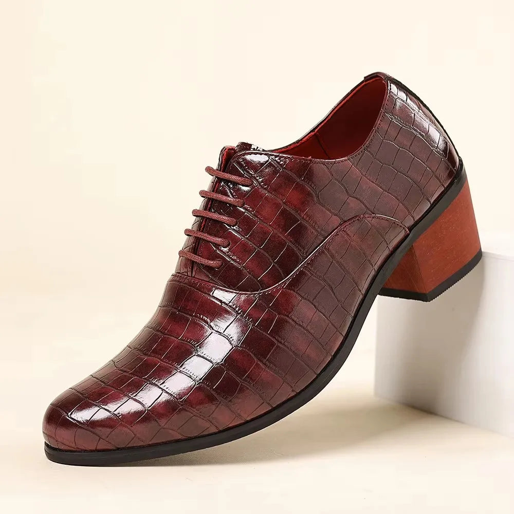 Men’s Crocodile-Embossed Lace-Up Dress Shoes with 5CM Elevated Heel – Black, Brown & Red