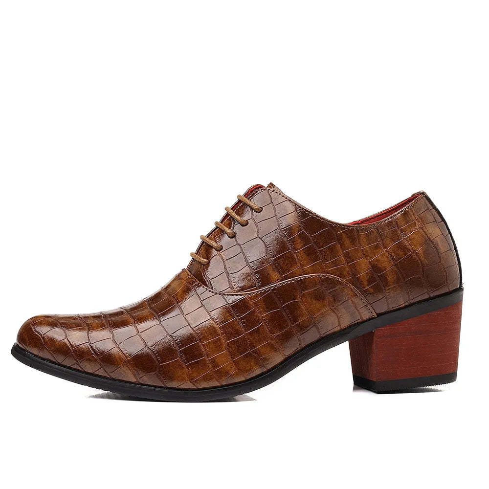 Men’s Crocodile-Embossed Lace-Up Dress Shoes with 5CM Elevated Heel – Black, Brown & Red