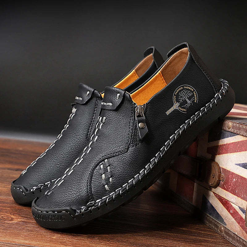 Men’s Casual Leather Slip-On Shoes with Side Zipper