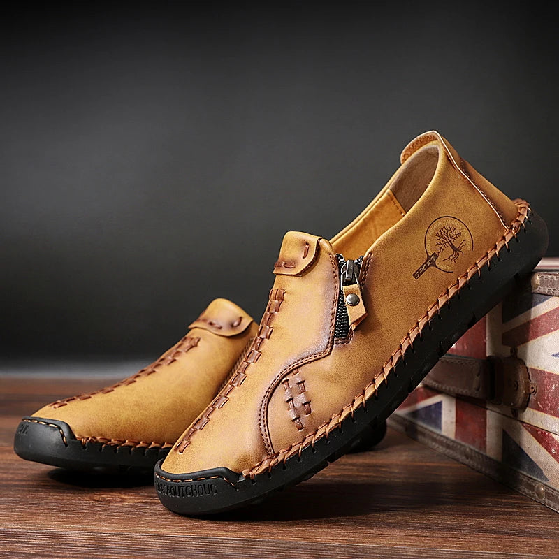 Men’s Casual Leather Slip-On Shoes with Side Zipper
