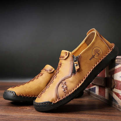 Men’s Casual Leather Slip-On Shoes with Side Zipper