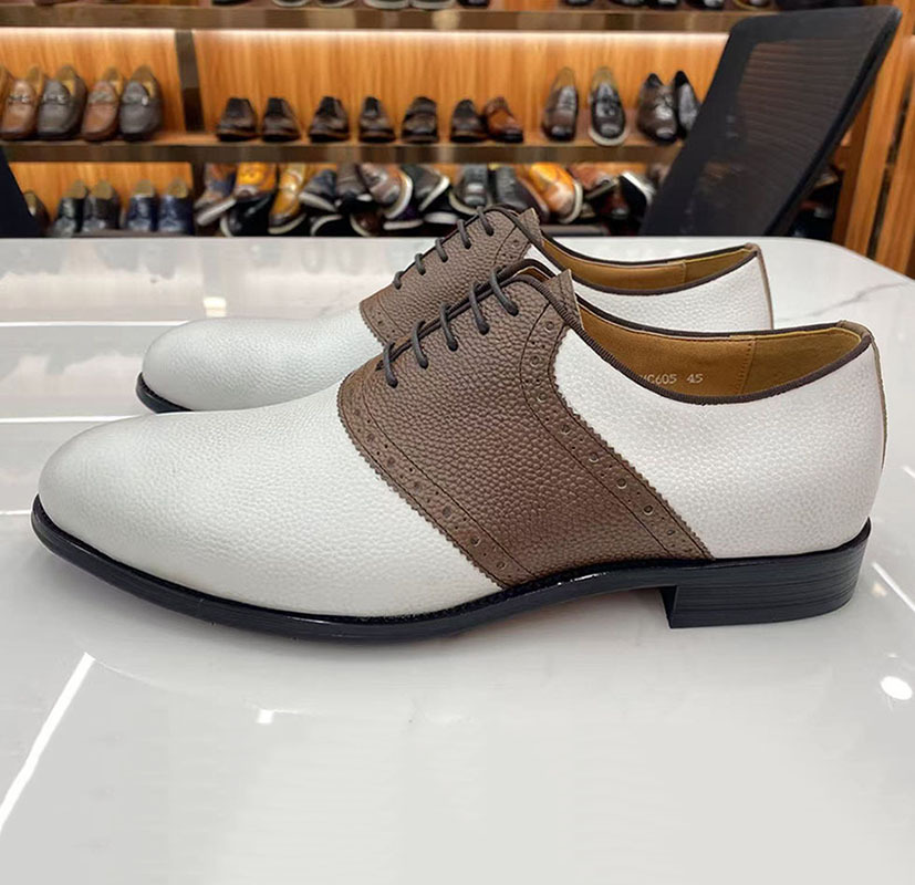 Men's Brown & White Patchwork Pebbled Grain Oxford Shoes