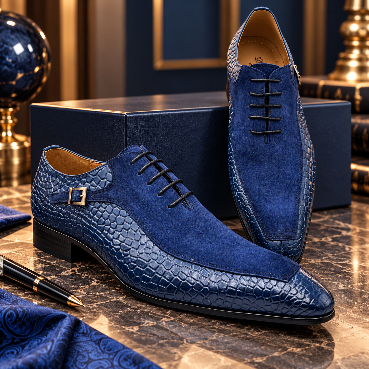 Men’s Blue Suede & Embossed Leather Lace-Up Dress Shoes