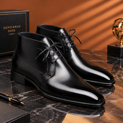 Hand Polished Black Leather Chukka Boots, Pointed Toe Lace-Up High Top Dress Boots for Gentlemen, Formal Business Ankle Shoes