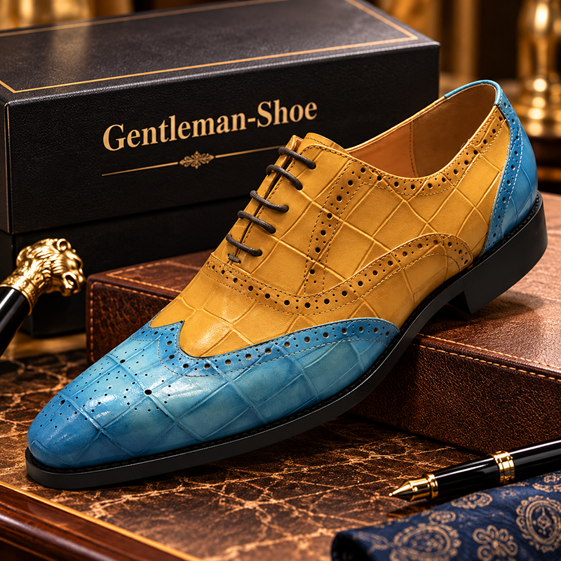 Men's top layer cowhide color matching lace-up Oxford shoes