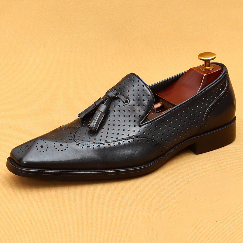 Men's tassel loafers perforated breathable genuine leather shoes