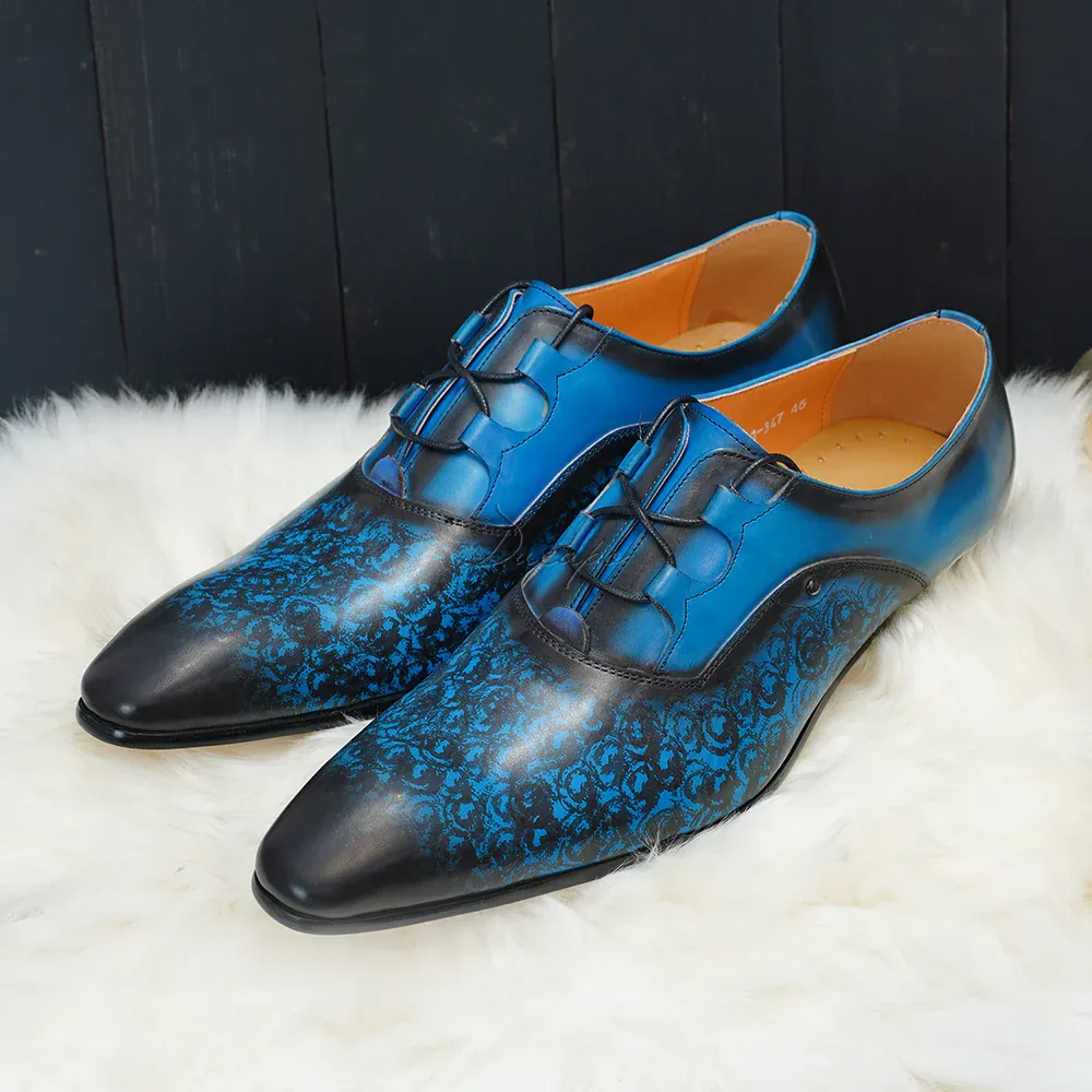 Men's gradient blue printed Oxford dress shoes