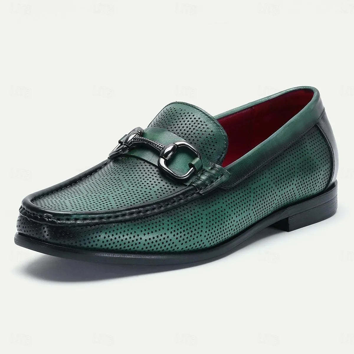 Men's Emerald Green Perforated Leather Loafers | Silver-Tone Horsebit Detail Breathable Slip-On Shoes for Business Casual & Summer Outfits | Premium Cushioned Comfort